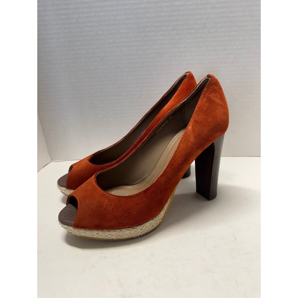 Boss Orange Burnt Orange Suede Peep Toe Platform Espadrille Block Heels 39 8.5